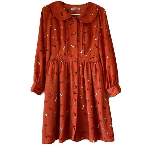 Dip Drop Japan Design Long Sleeve Cover Button Pleated Bodice Knee Length Dress - Picture 1 of 11